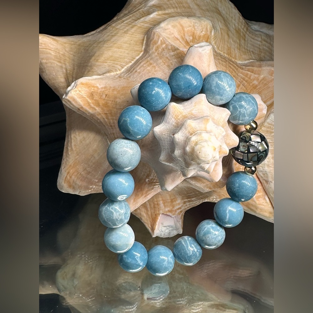 LARIMAR+ ABALONE NATURAL STONES BRACELET size 7” - Picture 2 of 11